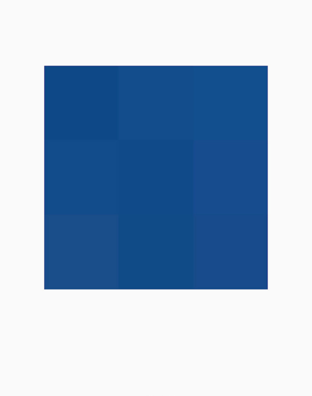 A deep blue square composition centered on a light gray background, displaying subtle tonal gradations and a gentle vertical division down the middle. The work demonstrates a minimalist aesthetic with a focus on color field and atmospheric qualities.