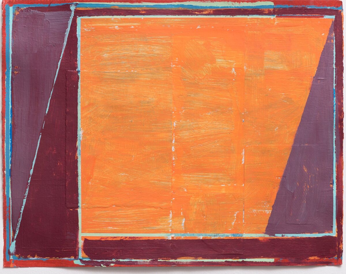 Abstract composition featuring a large central orange rectangle framed by deep burgundy and maroon sections, with light blue linear elements defining the geometric borders. Bold, gestural brushstrokes create texture across the orange field, while the layered rectangular forms suggest depth and spatial recession.
