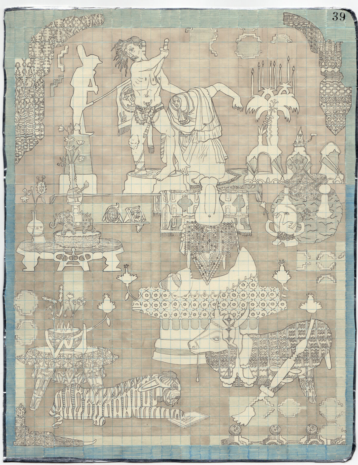 A detailed graphite drawing on gridded paper depicting a surreal, densely populated scene with classical and fantastical elements. The composition features a central standing figure surrounded by ornate architectural structures, decorative objects, animals including zebras and elephants, intricate patterns, and ornamental details arranged in a complex, layered arrangement across the page.