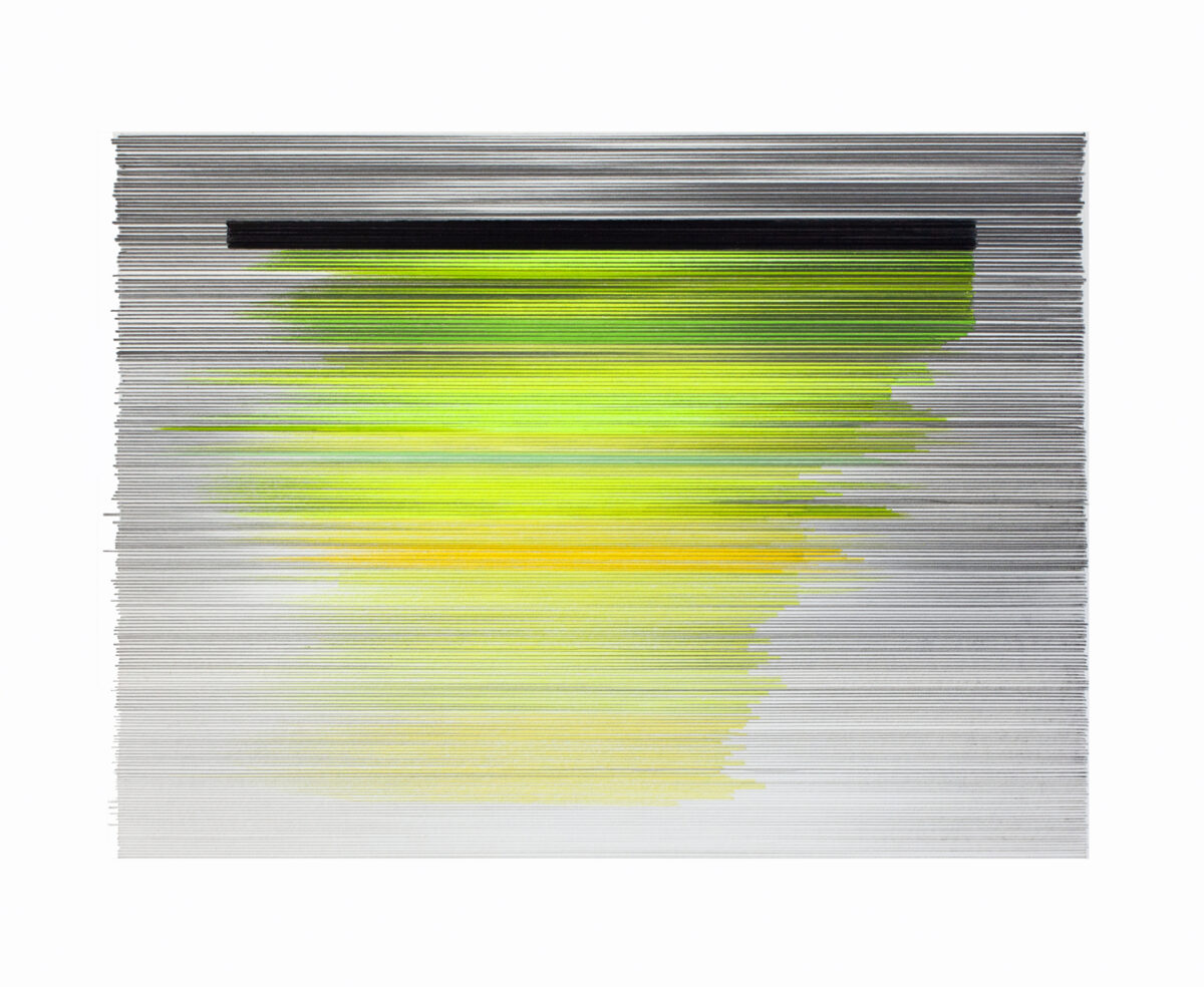 Horizontal composition with fine parallel graphite lines covering the entire surface, overlaid with a luminous gradient form in shades of bright green and yellow that suggests an organic, sun-like shape against the linear gray background.