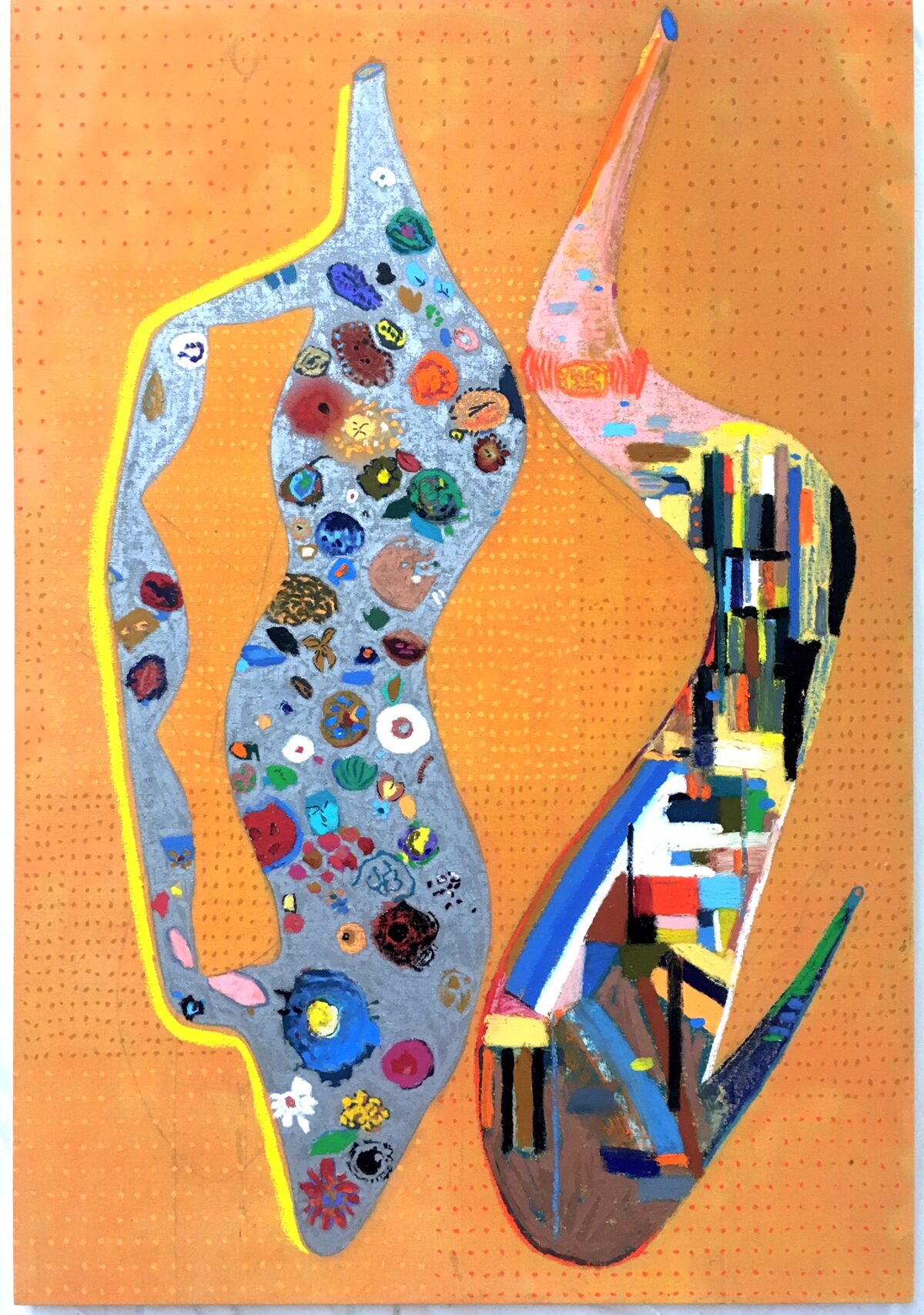 Two abstract vessel forms painted on an orange pegboard background. The left figure features a gray silhouette outlined in bright yellow with an interior filled with colorful circular and organic shapes in jewel tones. The right figure, rendered in pink with a pointed top, contains a collage of stacked colored pencils and striped patterns. Both forms are elongated and dynamic, suggesting movement against the warm orange ground.