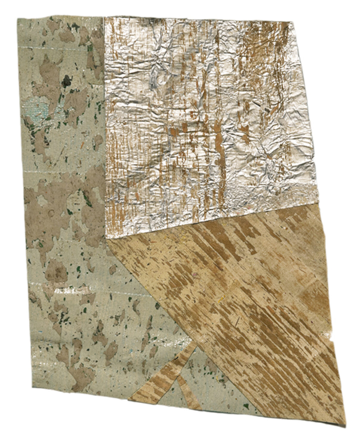 An abstract mixed-media composition featuring layered materials including textured paper with dark speckles, metallic foil with linear patterns, and natural wood grain, arranged in an angular, tilted composition in muted earth tones of beige, tan, and brown.