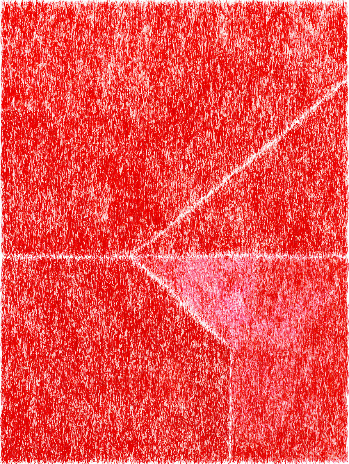 A dense, textured composition in shades of red and pink, dominated by vertical and diagonal line work that creates a scratched, layered surface. Lighter geometric shapes—triangular and angular forms—emerge from the darker red background, creating a sense of depth and movement across the work.