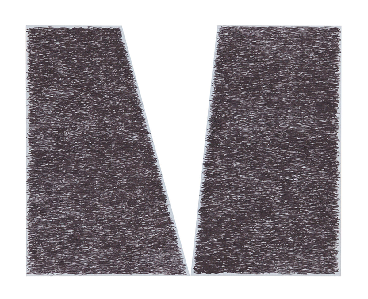 Two textured rectangular forms with tapered sides lean toward each other against a white background, their dark surfaces densely marked with linear hatching and gestural marks creating an organic, scribbled appearance.