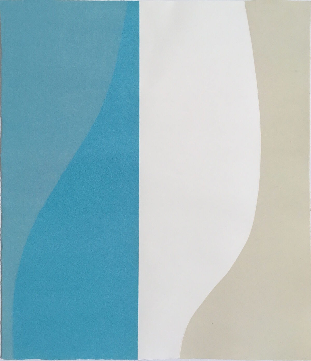 Three vertical color fields—teal blue on the left, off-white in the center, and pale khaki on the right—are divided by subtle curved forms that create a sense of movement and depth. The composition demonstrates a minimalist aesthetic with soft gradations and overlapping planes suggesting dimensionality.