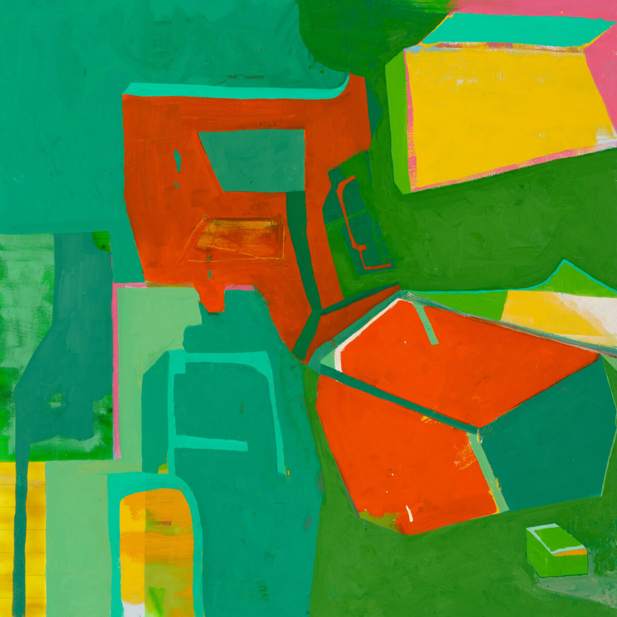 Abstract composition featuring overlapping geometric shapes in vibrant colors including bright greens, reds, oranges, and yellows. Layered rectangular and angular forms create a dynamic three-dimensional effect against a predominantly green background, with visible brushwork and paint texture throughout.
