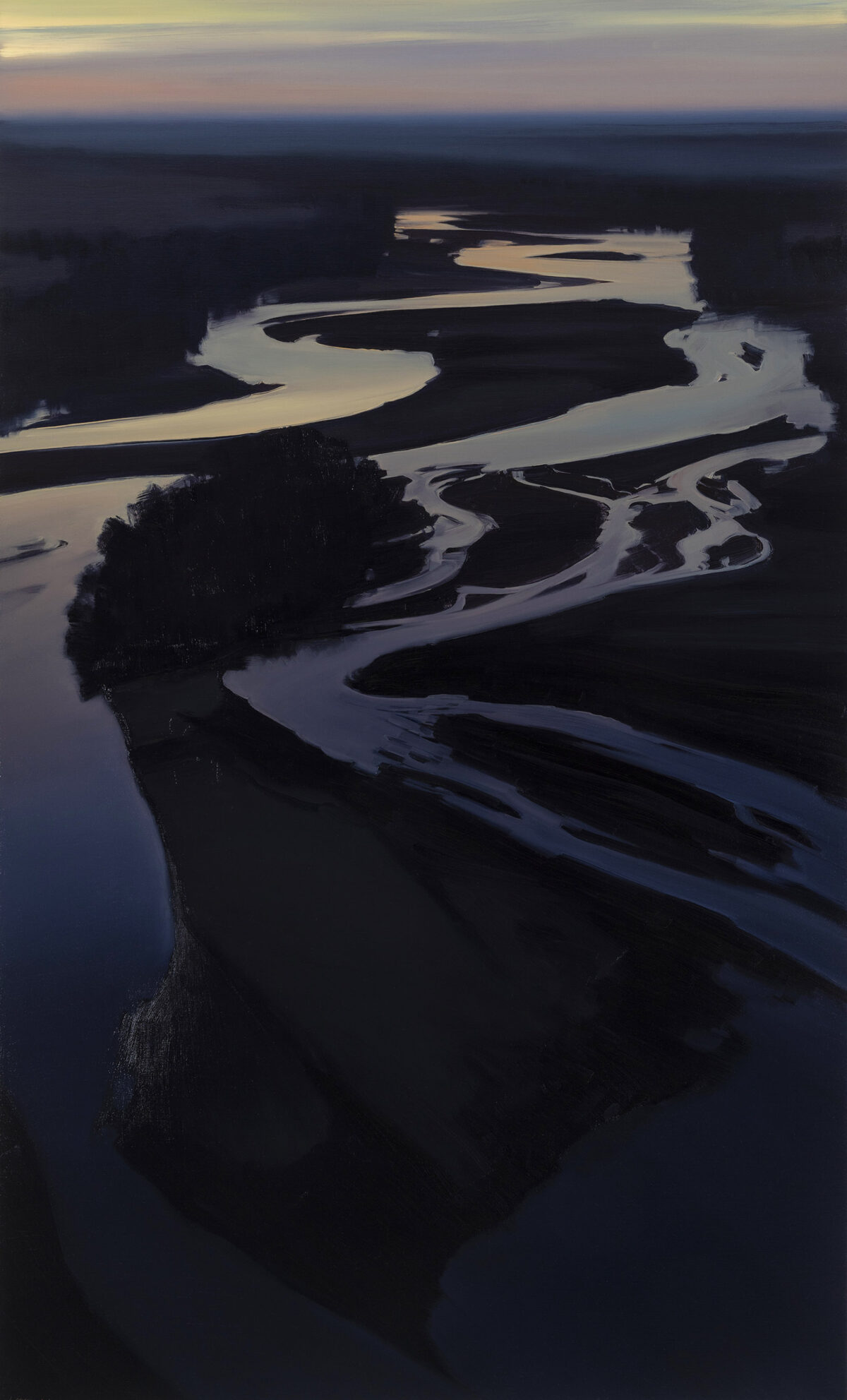 Aerial view of a winding river with sinuous sandbars cutting through dark forested terrain, rendered in muted blues and purples during twilight, with a golden-pink sky along the horizon.