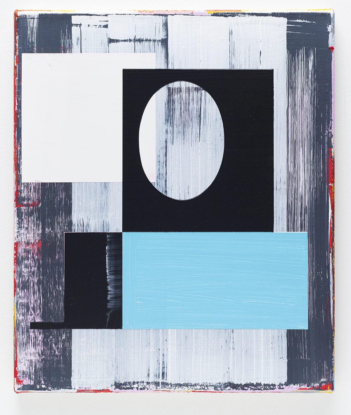 Abstract composition featuring a white oval shape centered within a black rectangle, positioned above a bright turquoise horizontal band. The background consists of vertical brushstrokes in white, dark blue, and gray, with accents of red and yellow along the edges, creating a layered, textured appearance.