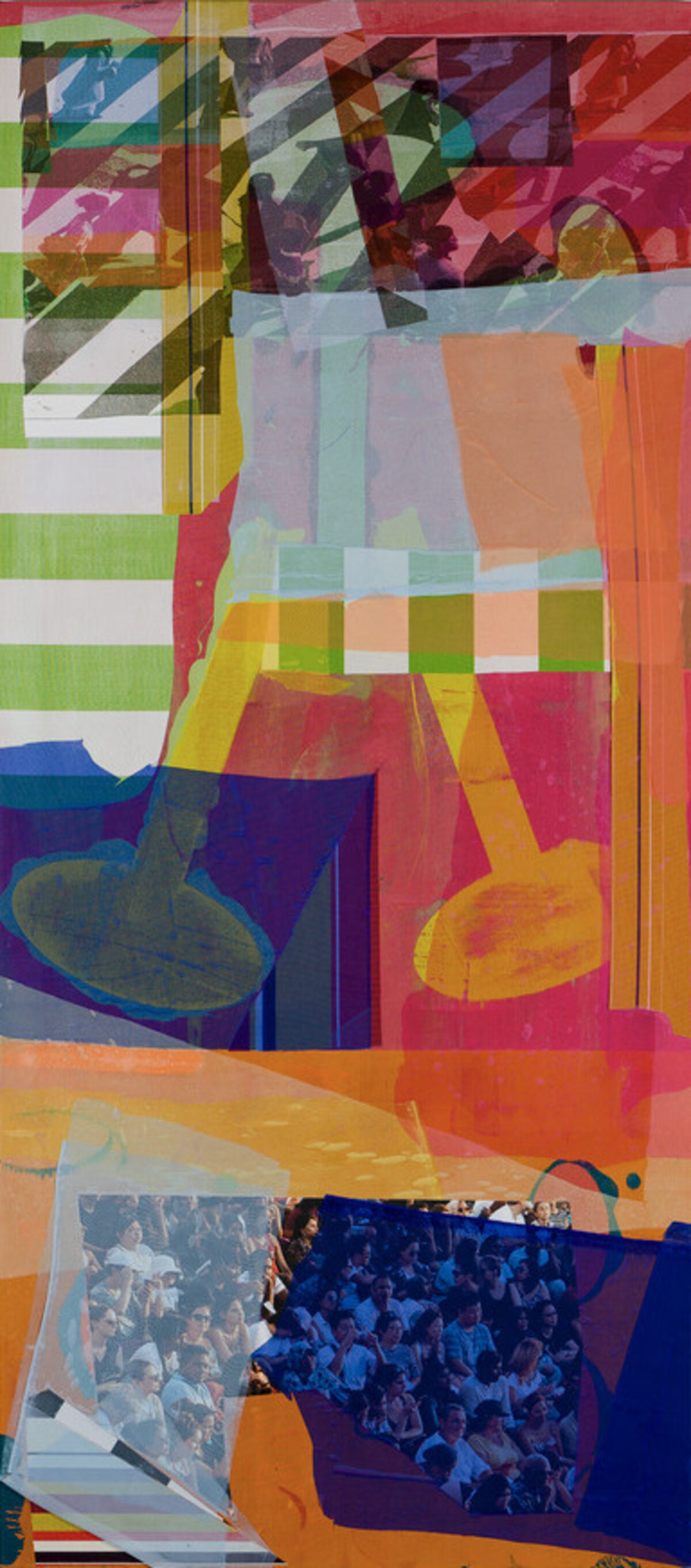 A vibrant mixed-media composition combining geometric abstraction with photographic elements. Layered rectangles and triangles in saturated colors—reds, oranges, yellows, blues, and greens—overlap with translucent fabric and digital printed photographs of crowds, creating a dynamic interplay between pattern, transparency, and figuration.