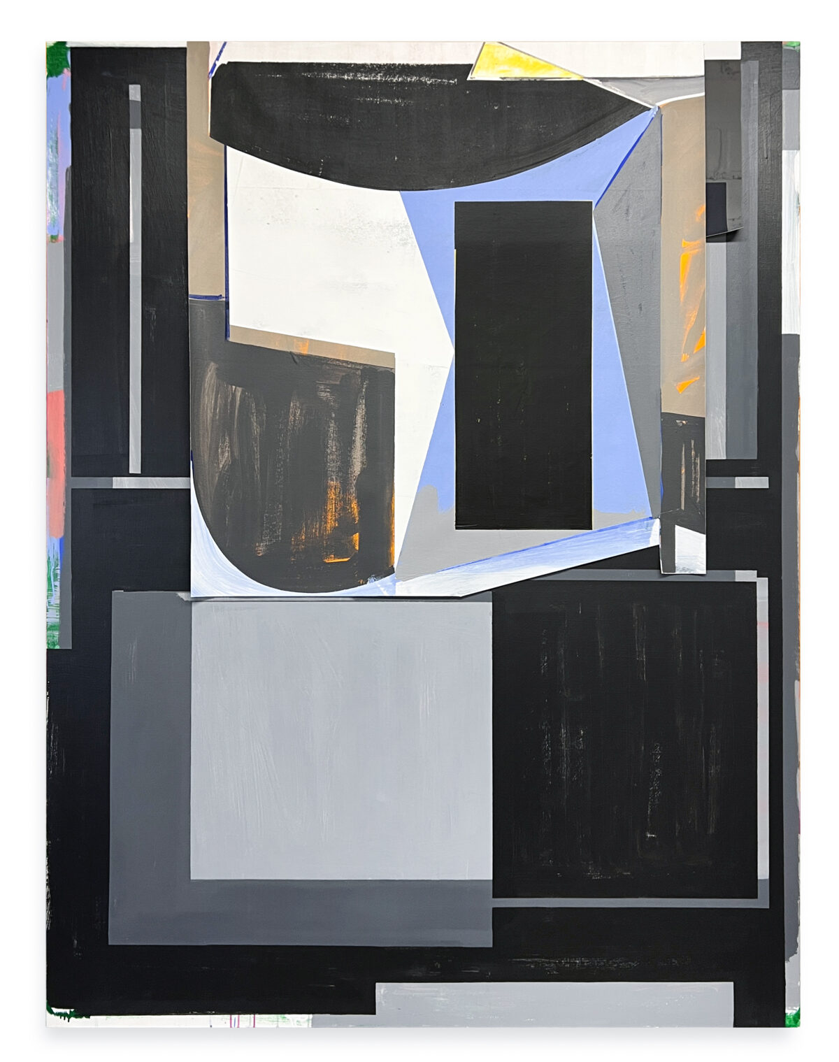 Abstract composition featuring geometric shapes in black, white, blue, and gray tones. Layered rectangles and curved forms create depth across the canvas, with touches of yellow and rust orange accents, arranged in a fragmented, collaged style suggesting architectural or spatial elements.
