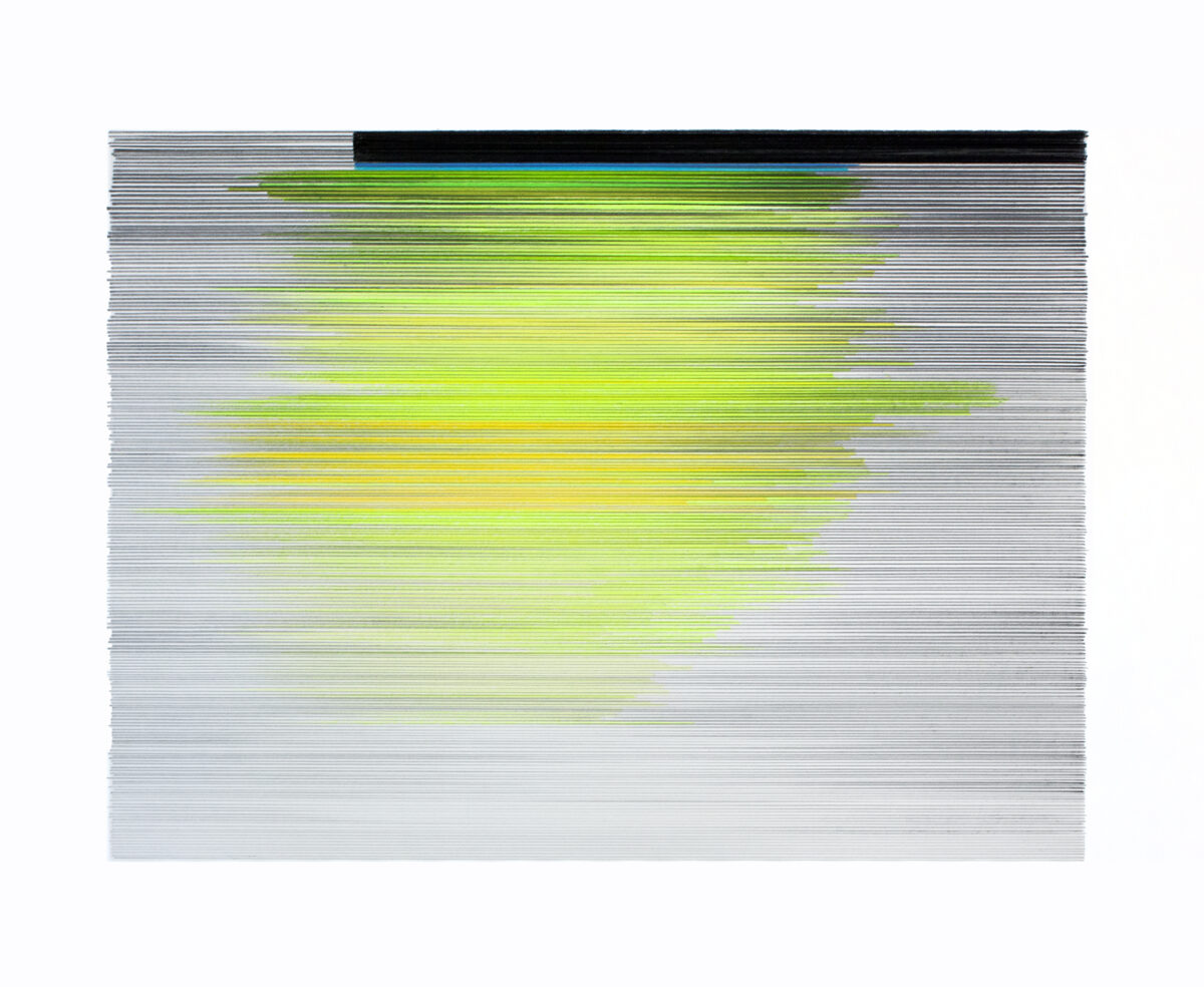Horizontal composition of densely layered fine lines in graphite and colored pencil, predominantly gray with a bright yellow-green luminous form emerging from the upper-center area that gradually fades toward the edges and lower portion of the mat board.