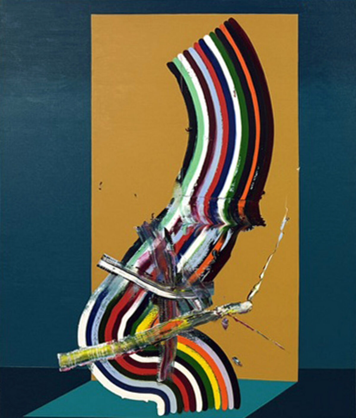 Curved bands of black, white, red, yellow, and green stripes radiate from a central sculptural element featuring twisted metallic and painted forms, mounted on a gold panel against a teal wall, creating a dynamic interplay between geometric pattern and gestural abstraction.