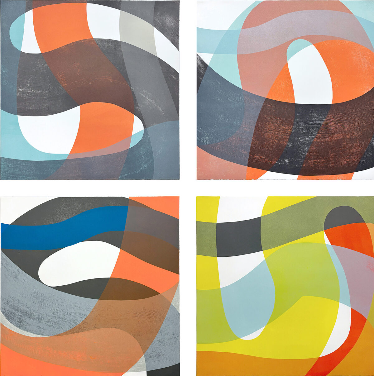 Four abstract compositions featuring layered geometric forms and curved shapes in vibrant colors including orange, turquoise, yellow, and neutral tones. The works demonstrate overlapping planes and translucent effects that create depth and movement across each canvas, with organic curves intersecting angular elements throughout.