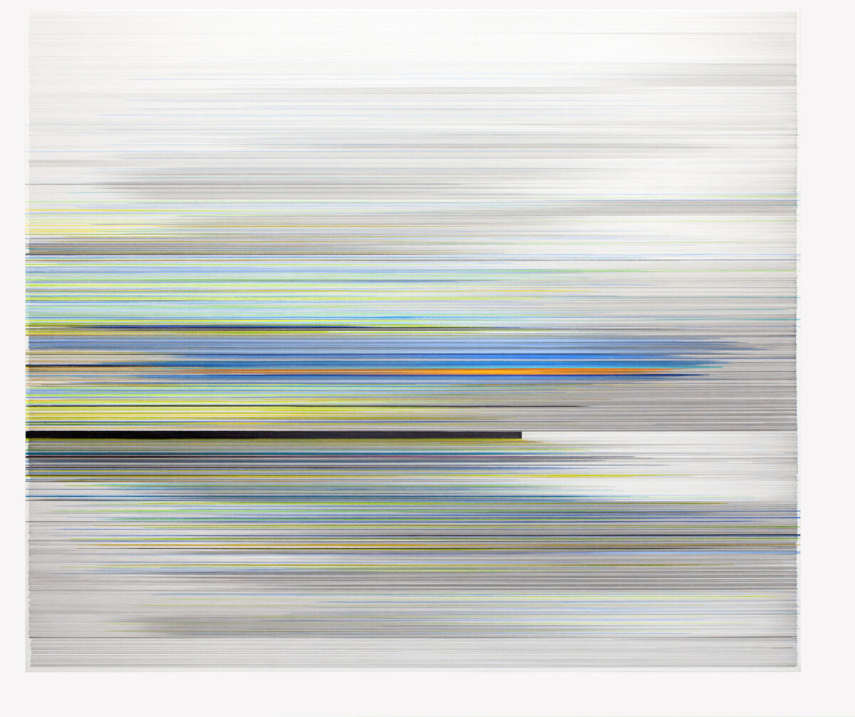 Horizontal bands of graphite and colored pencil in blues, yellows, greens, and grays layer across mat board, creating an abstract composition that suggests atmospheric stratification or geological strata. A prominent dark band interrupts the center, while the overall effect evokes both landscape and data visualization through precise linear mark-making.