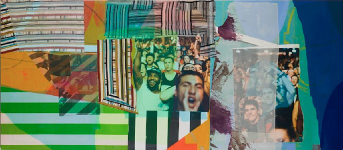 A vibrant collage featuring overlapping photographs and painted elements in bold colors including orange, green, teal, and burgundy. Horizontal stripes and geometric shapes intersect with candid images of people, creating a dynamic composition that merges digital and painted surfaces across the canvas.