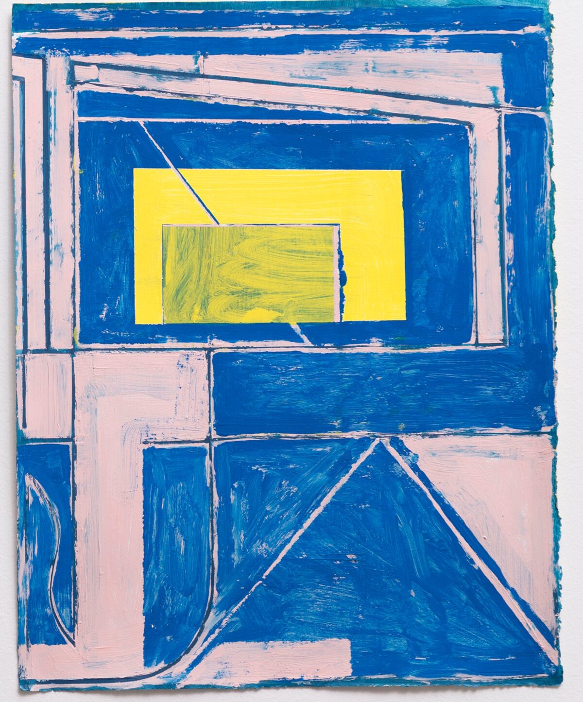 Abstract composition featuring nested rectangular frames in shades of blue and pink, with a bright yellow rectangle at the center containing green gestural marks. The work employs bold linear divisions and layered geometric forms painted in acrylic with visible brushwork and texture.