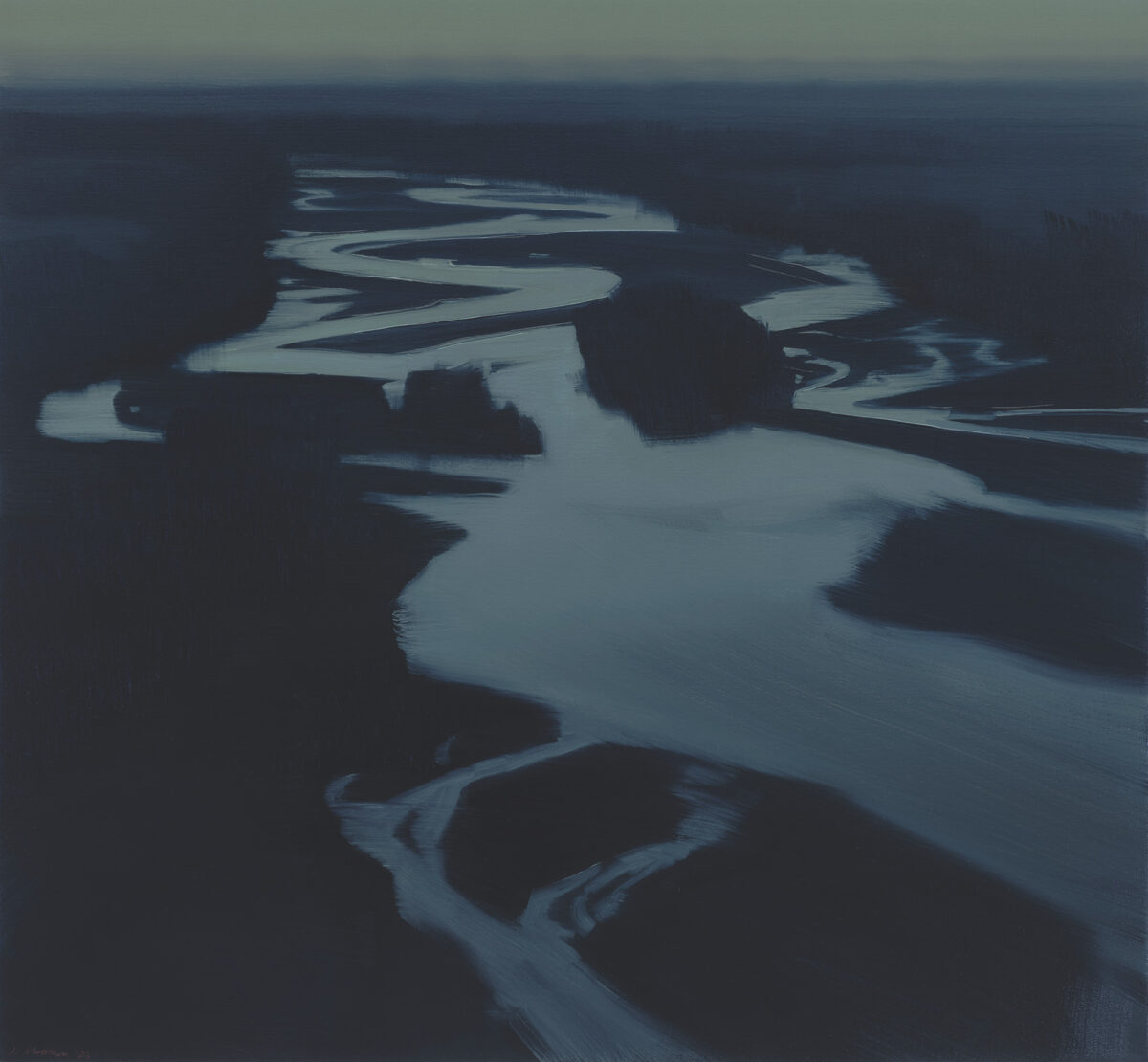 Aerial view of a winding river with pale blue-grey water cutting through dark forested land, rendered in muted tones with a dreamlike, atmospheric quality. The composition emphasizes the serpentine curves of the waterway against the surrounding darkness, creating a stark contrast between the luminous water and shadowed landscape.
