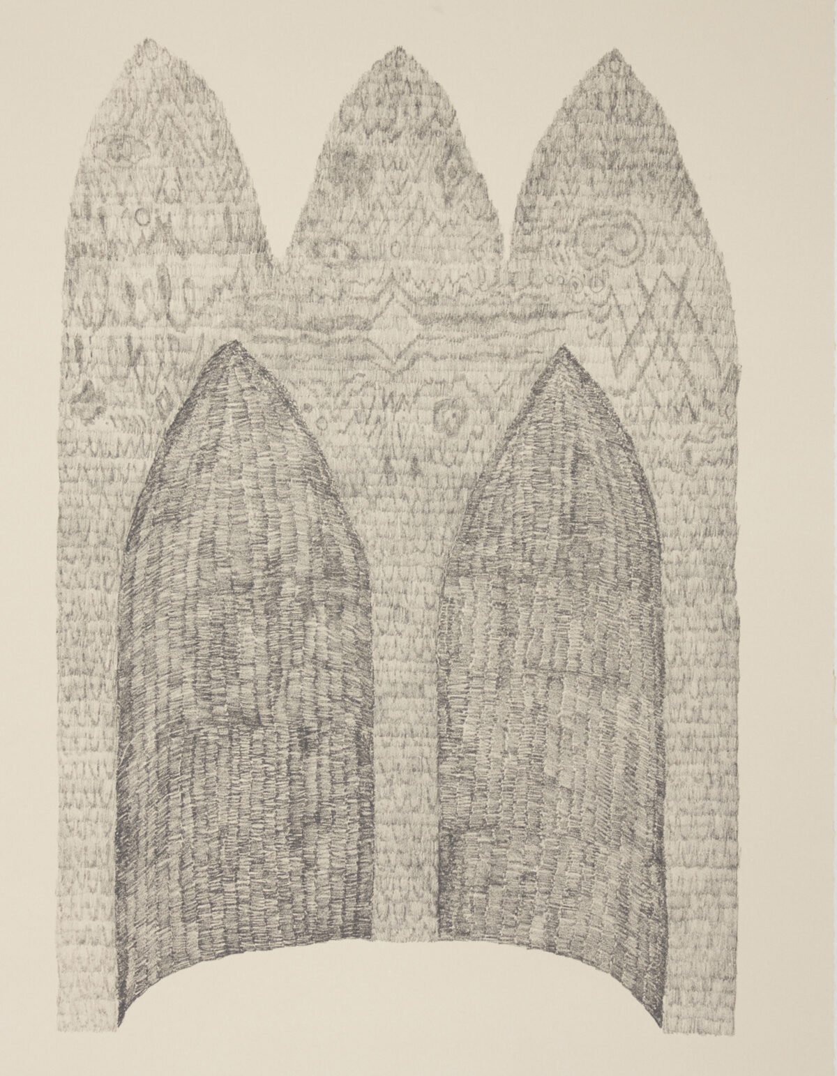 Two tall, pointed archways rendered in crosshatched graphite tones dominate the center of the composition, their curved forms creating a symmetrical gateway. Behind them, three conical evergreen trees are densely textured with fine linear marks, creating a forest backdrop against the pale cream ground.