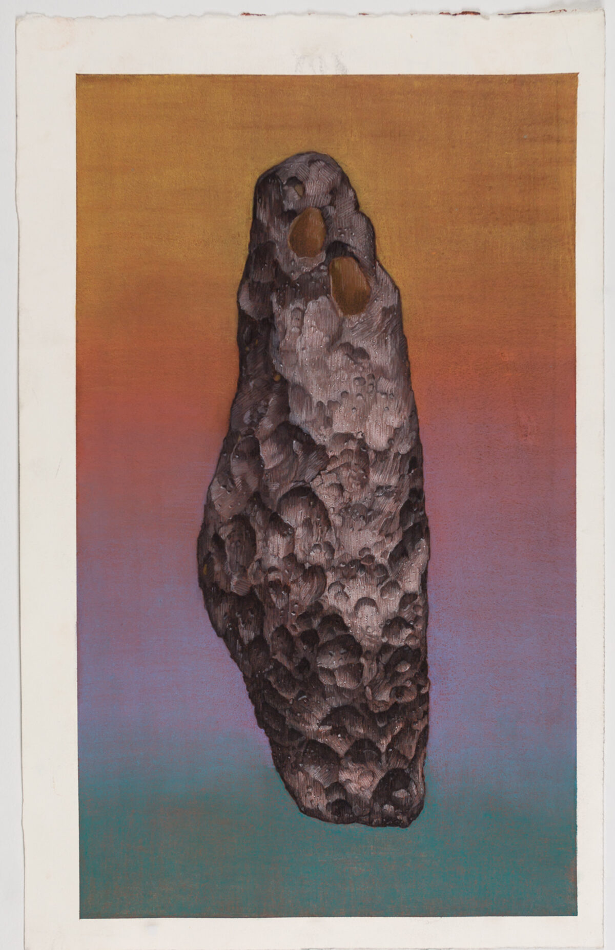 A dark, textured stone form with two hollow circular openings stands vertically against a gradient background that transitions from warm ochre and coral tones at the top through mauve and purple to cool teal and green at the bottom.