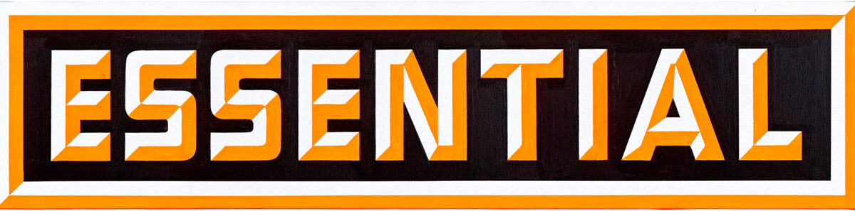 Bold typography displays a single word in white and orange lettering against a black background, framed by a thick orange border. The geometric, block-letter style creates a striking graphic composition with strong contrast and dimensional depth.