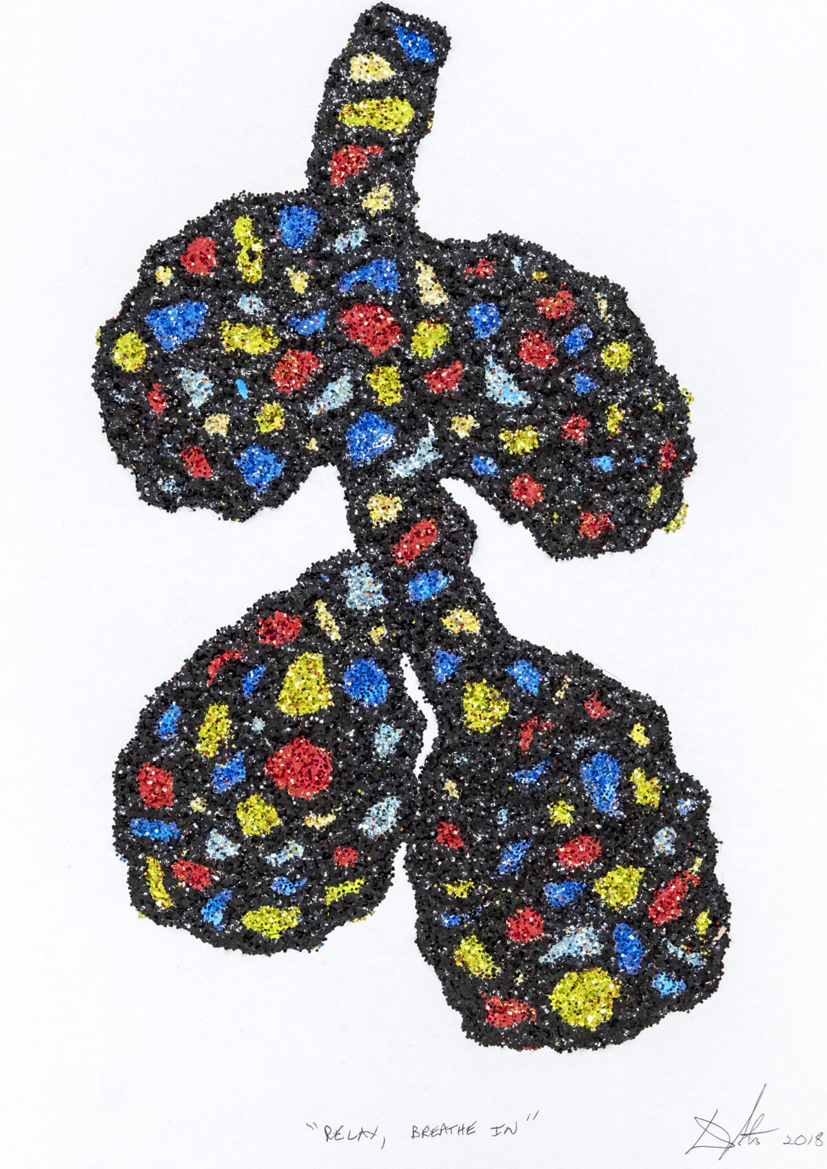 A stylized lung illustration composed of black granular material studded with vibrant clusters of glitter in yellow, blue, red, and light blue. The organic form features a central bronchial tube extending upward, with two lobes below, rendered in a textured, dimensional collage technique against a white background.