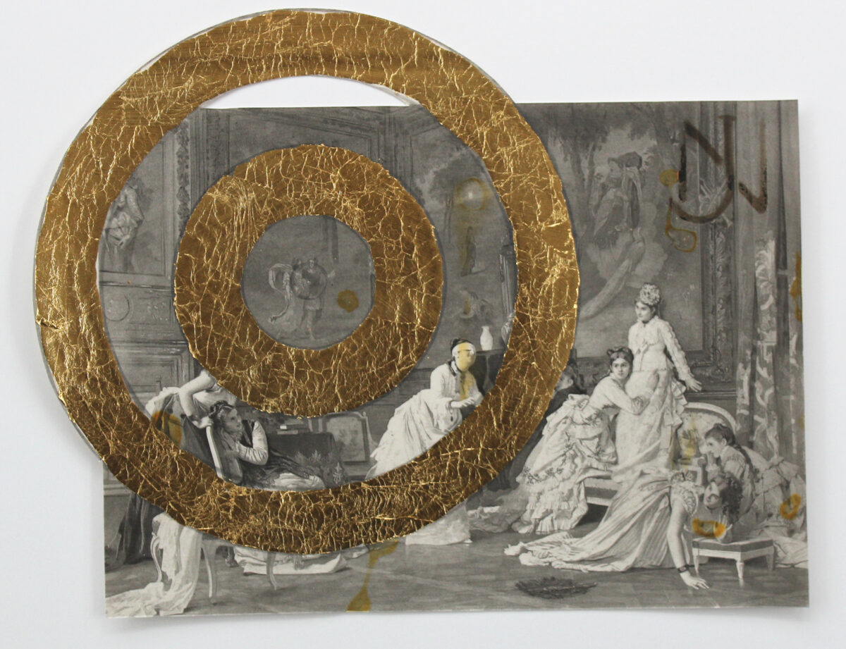 Gold leaf concentric circles cut through an antique engraving depicting an 18th-century interior scene with elegantly dressed figures engaged in a parlor game. The crackled metallic rings frame multiple figures in flowing white garments arranged across a classical architectural space.