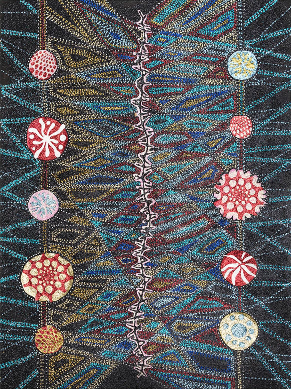 Abstract composition featuring a central vertical zigzag line dividing the composition, with radiating dotted lines in cyan, gold, and blue extending outward against a dark background. Spherical forms in red, pink, and cream tones populate both sides, decorated with intricate patterns including dots, geometric shapes, and segmented designs, created with cut paper, paint, and glitter.