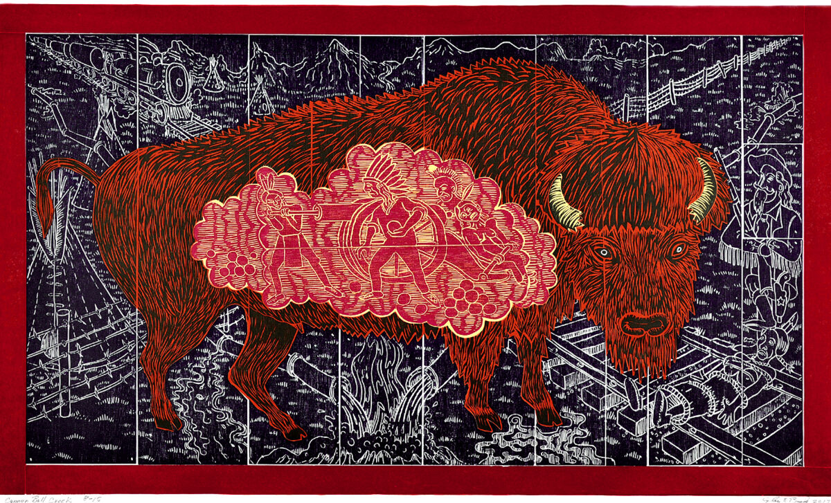 A striking woodcut print featuring a large red buffalo centered against an intricate black and white background. The buffalo's body frames a vibrant pink and gold cloud-like form filled with detailed figures and imagery. The composition is bordered by smaller black and white scenes with architectural and narrative elements, all set within a deep red frame.