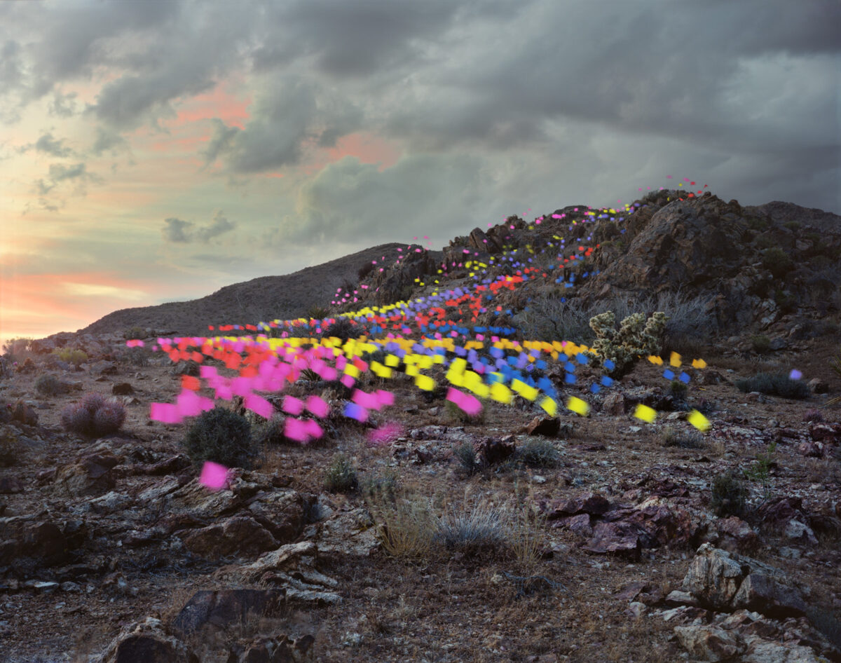 Colorful neon flags in magenta, yellow, and blue form a diagonal line across a rocky desert hillside at dusk, creating a vivid contrast against the muted tones of sand, stone, and sparse vegetation under a dramatic cloudy sky.