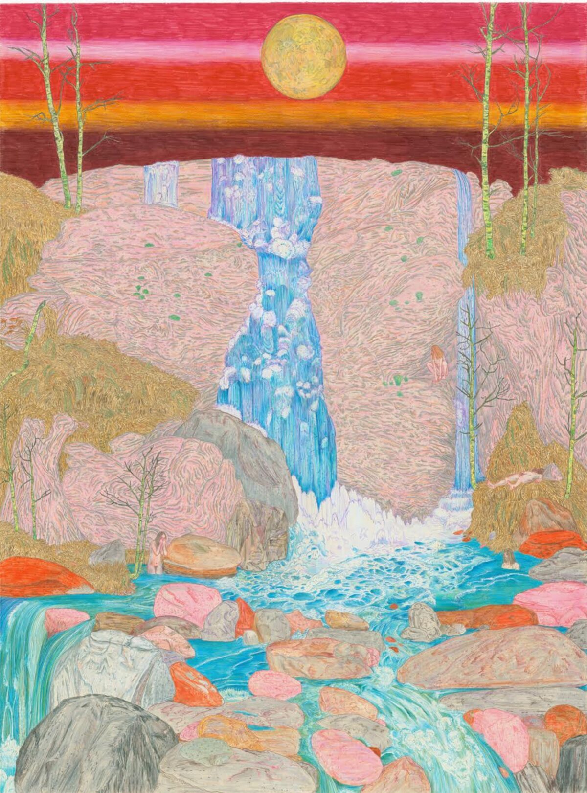A landscape rendered in colored pencil depicting a waterfall cascading through layered rock formations into a turquoise stream, flanked by birch trees and golden vegetation. The composition is dominated by a dramatic sunset sky in shades of pink, red, and orange, with a pale yellow moon suspended above the misty, undulating terrain rendered in swirling pink and warm tones.