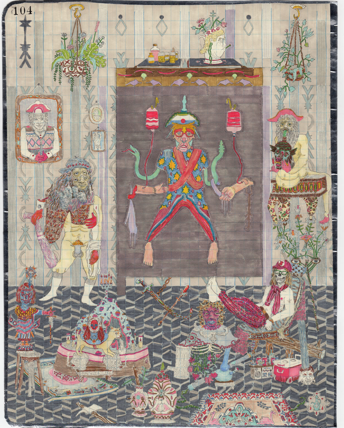 A densely detailed hand-drawn illustration featuring a central figure with green serpentine arms wearing a colorful patterned red garment, flanked by ornate bordered panels containing various spiritual or mythological characters and objects. The composition is filled with intricate decorative elements including hanging plants, candles, vessels, and figures rendered in vibrant colors—reds, greens, yellows, and pinks—against a geometric patterned floor and ornamental wallpapered background.