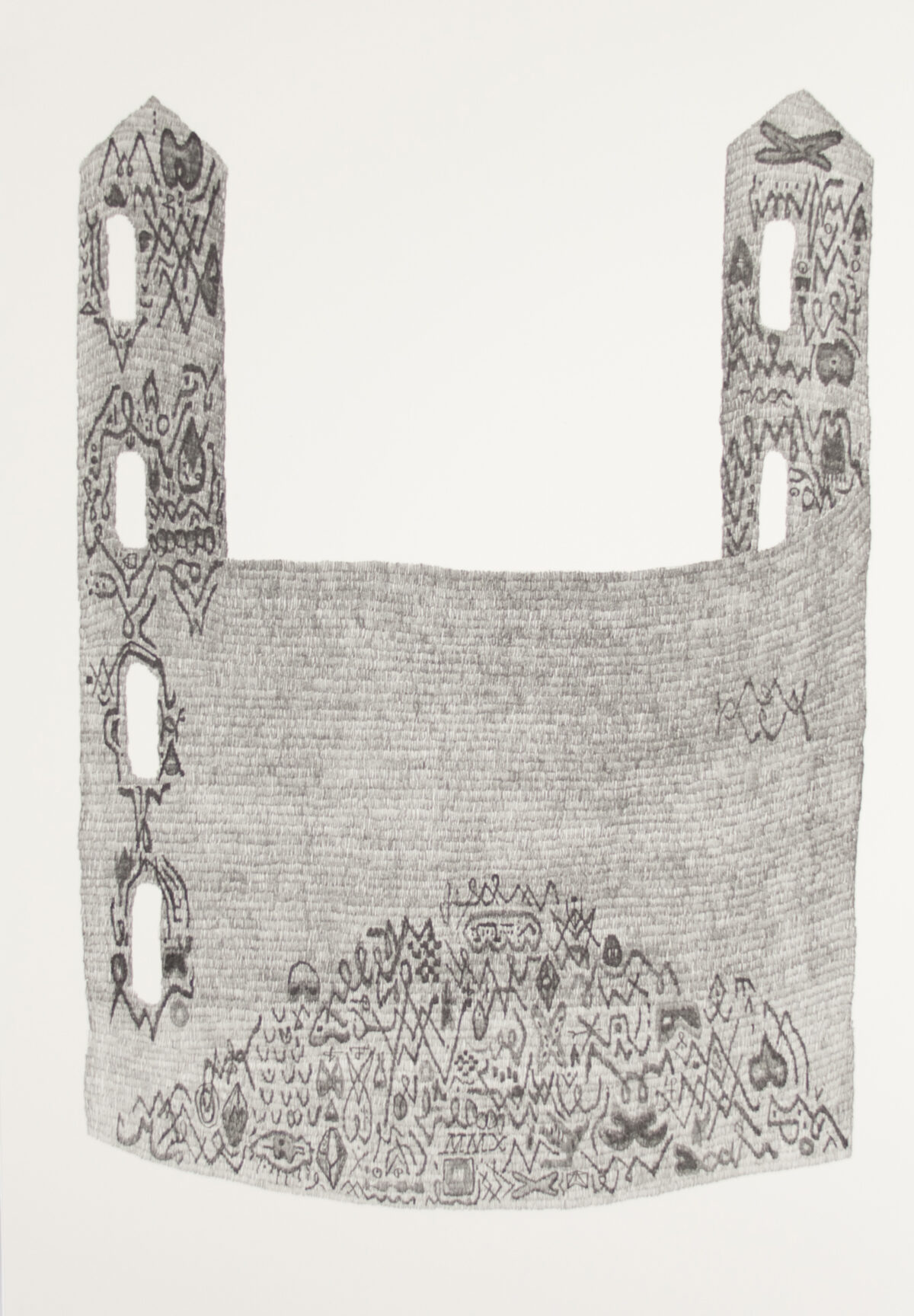 A tall, narrow architectural structure rendered in fine crosshatching and linear marks. Two tapered towers with pointed tops frame a central void, while the base features dense, intricate patterning suggesting a crowded landscape or cityscape below.