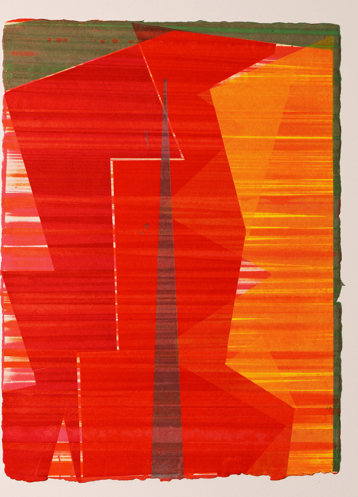 Abstract monoprint featuring bold geometric forms in vibrant red and orange hues with white linear elements and a dark vertical stripe down the center. The composition is set against a muted green border on handmade paper with an irregular, organic edge.