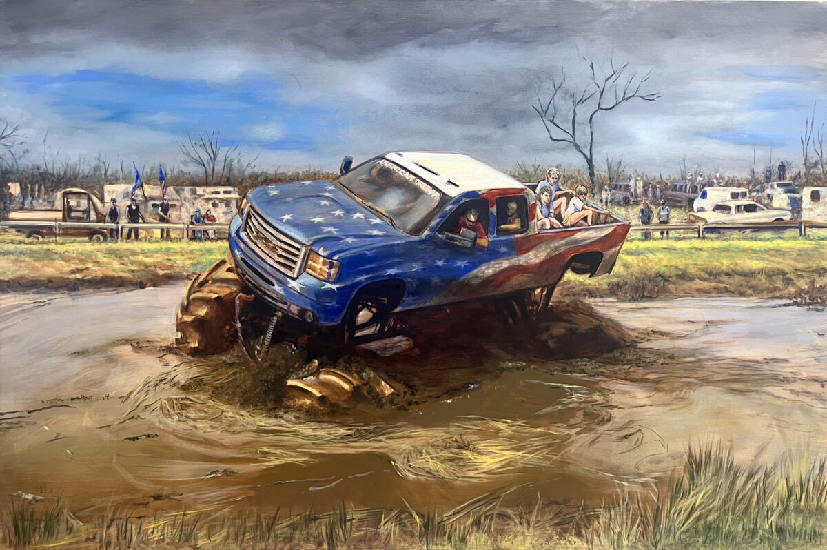 A painted scene depicts a blue and red pickup truck with an American flag hood boasting oversized wheels, stuck in muddy water with its front end tilted downward. Spectators gather in the background near cemetery headstones and bare trees under a cloudy sky, watching the vehicle strain against the mud and its own weight.