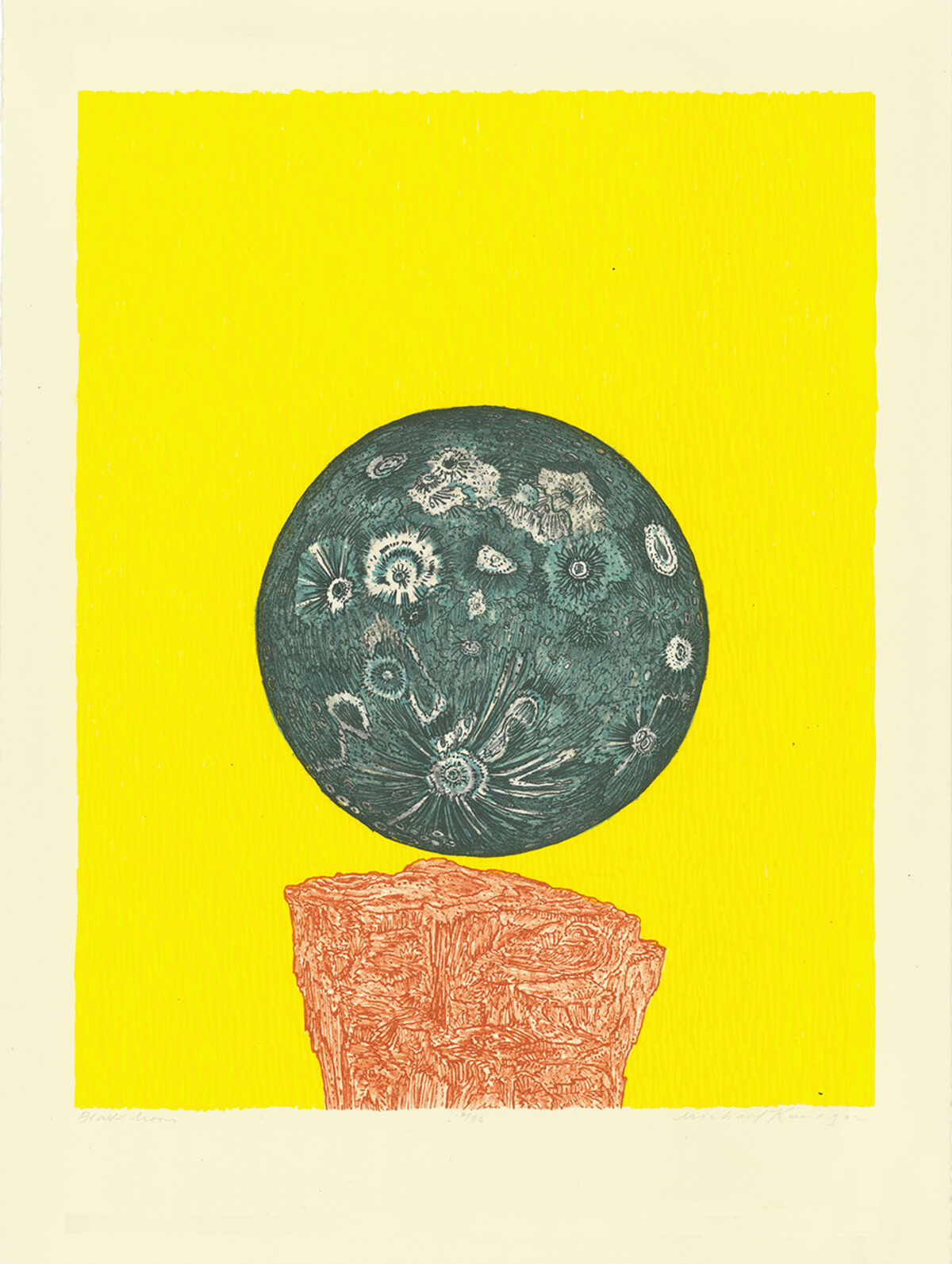 A dark green sphere rendered with white linear details suggesting craters and celestial features floats above a coral-red textured form against a vibrant yellow background.