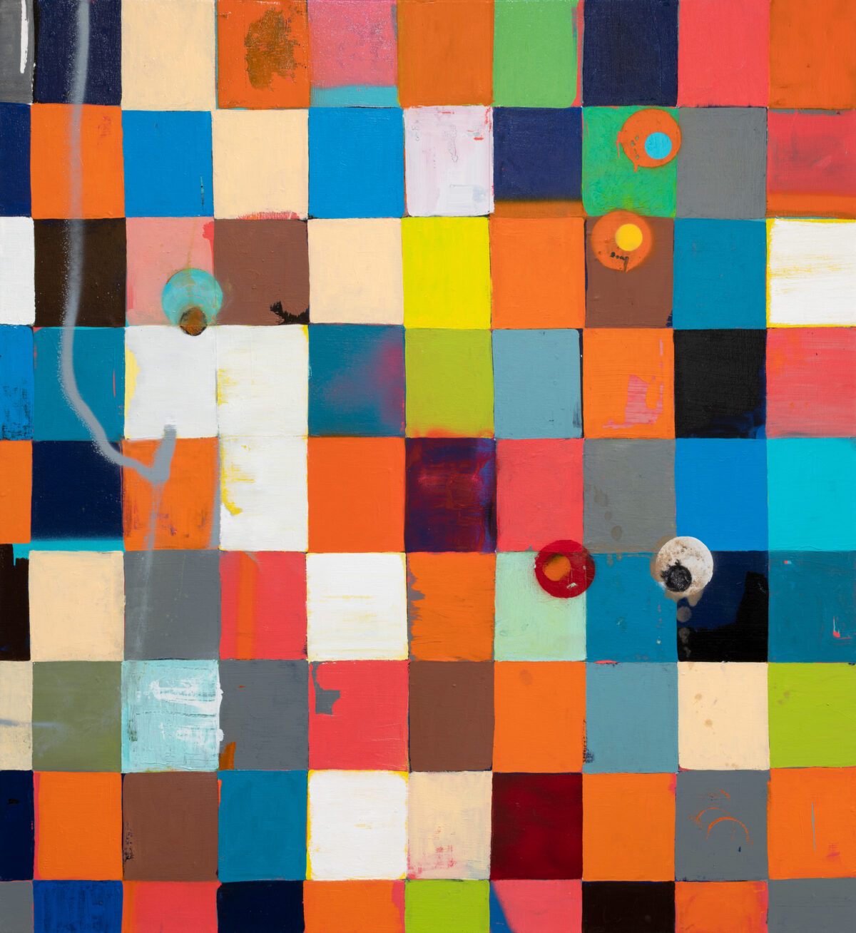 A grid of colorful squares in vibrant hues of orange, blue, red, yellow, green, and cream fills the canvas. Three-dimensional circular forms in contrasting colors protrude from various squares across the composition, creating depth and visual rhythm within the geometric arrangement.