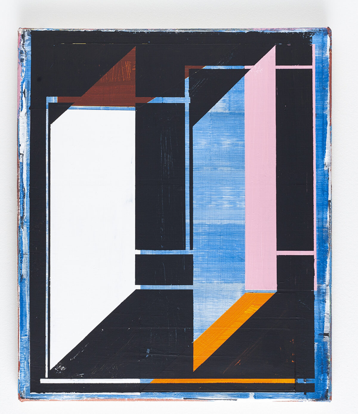 Abstract geometric composition featuring overlapping rectangular forms and planes in black, white, pink, blue, and orange, with a weathered blue border frame. The layered shapes create a sense of spatial depth through color and linear perspective.