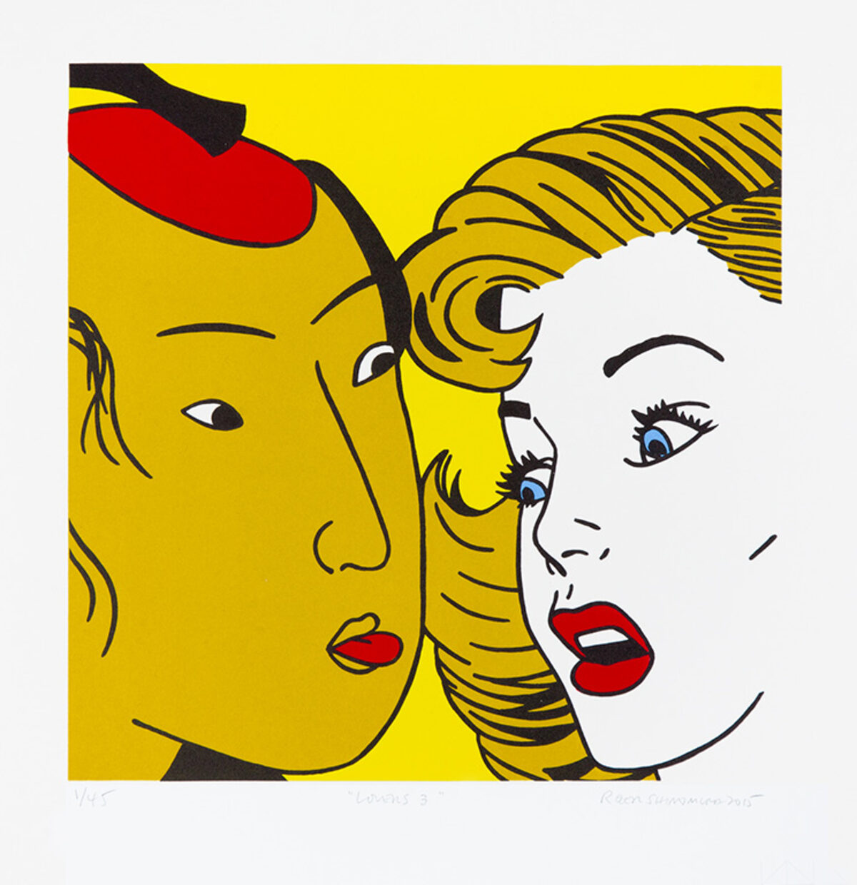 Two figures with blonde hair and bold graphic features rendered in a Pop Art style against a bright yellow background. The composition features contrasting skin tones—one face rendered in yellow, the other in white—with striking red lips, defined black line work, and blue eyes. A red shoe or curved form appears in the upper left corner, integrated into the dynamic, overlapping composition.