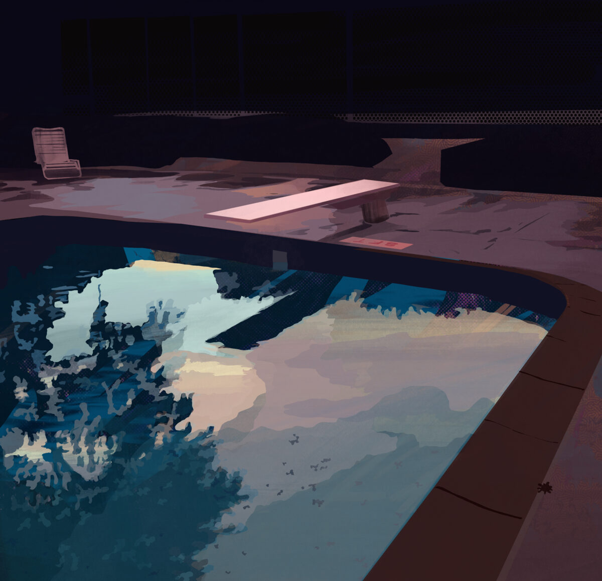 A stylized architectural rendering depicting an elevated terrace overlooking a large map display in cool blues and earth tones. The barren platform features minimalist furnishings including a single chair and bench, while the map below shows geographical features in layered shades of teal, cream, and muted pastels against deep shadows and dramatic lighting.