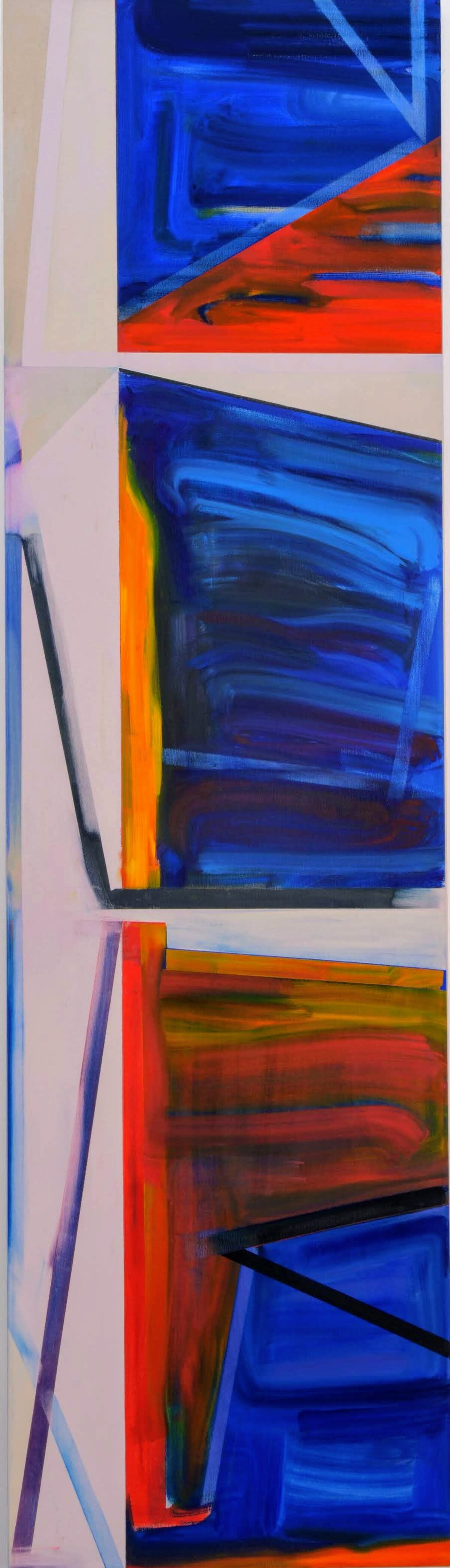 Vertical abstract composition featuring three stacked rectangular panels with bold geometric forms. Vivid blues and oranges dominate, with sweeping brushstrokes and dynamic angular shapes creating a sense of depth and movement. Pale beige and white negative space frames each section, emphasizing the vibrant color fields within.