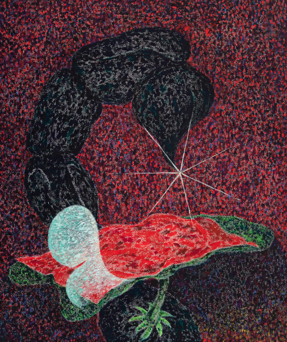 A stylized composition featuring a dark silhouetted figure with outstretched wings looming above a vibrant red flower with pale turquoise petals and green stem and leaves. The background is densely textured with red, blue, and dark tones, while delicate white lines radiate outward from the flower's center, creating a luminous focal point against the dark, atmospheric setting.