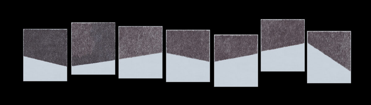 Seven rectangular panels arranged horizontally, each divided diagonally by a dark textured upper section and light gray lower section. The diagonal dividing lines vary in angle and position across the series, creating a rhythmic visual pattern of shifting geometric planes in black, gray, and white.