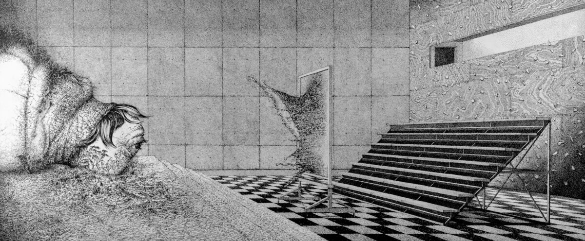 A detailed black and white ink drawing depicting a monumental classical head in profile on the left side of a stark architectural interior. The figure's textured face gazes toward a geometric space featuring a checkered floor pattern and a broad staircase receding into the distance. The composition combines classical sculpture with modernist architectural elements, rendered in intricate stippled and linear ink techniques.