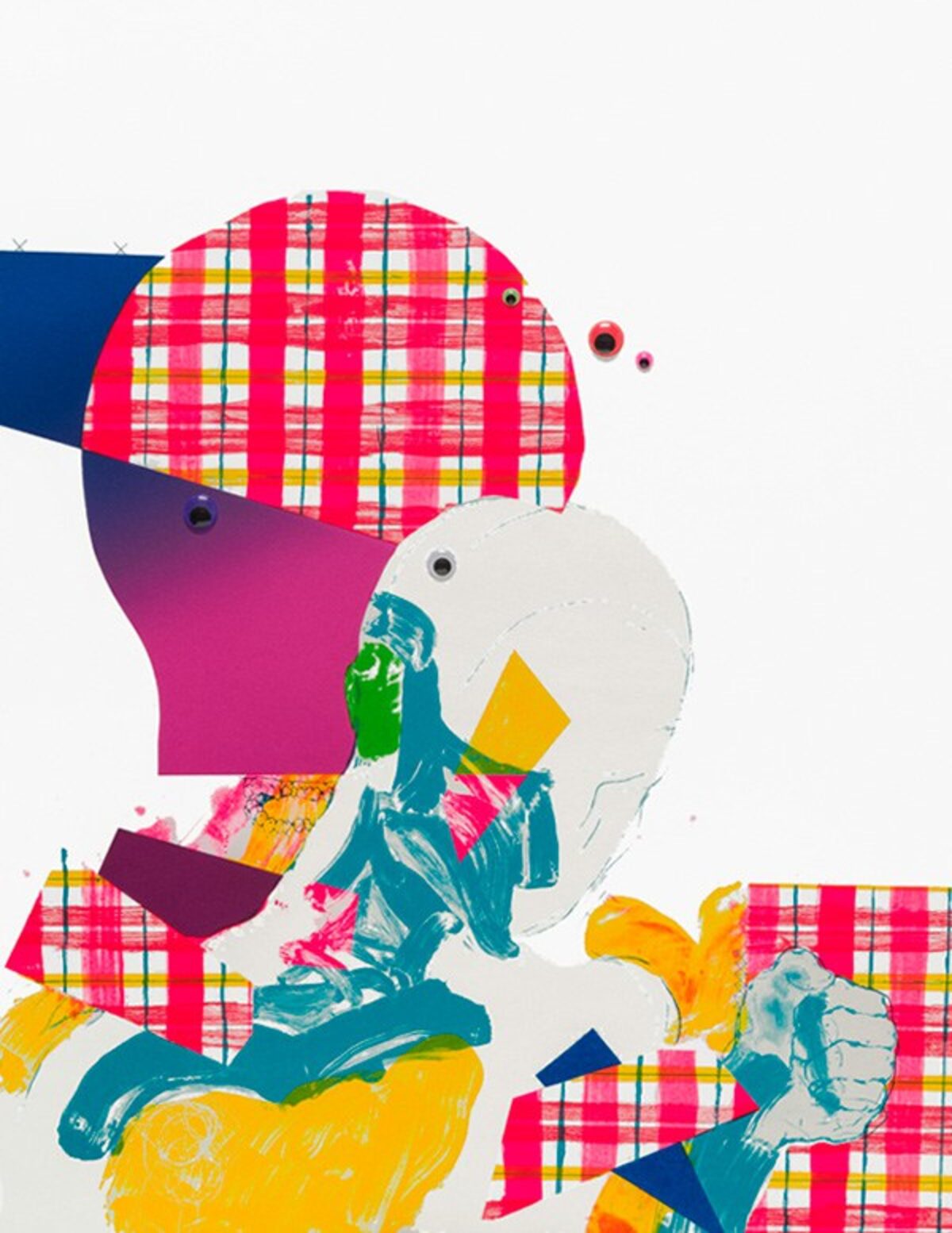 Abstract collage artwork featuring overlapping silhouettes of human figures in vibrant colors including teal, magenta, yellow, and white, layered with red and white plaid patterned paper strips. Plastic googly eyes are affixed throughout the composition, which combines painted, printed, and sewn textile elements creating a dynamic, playful mixed-media piece.
