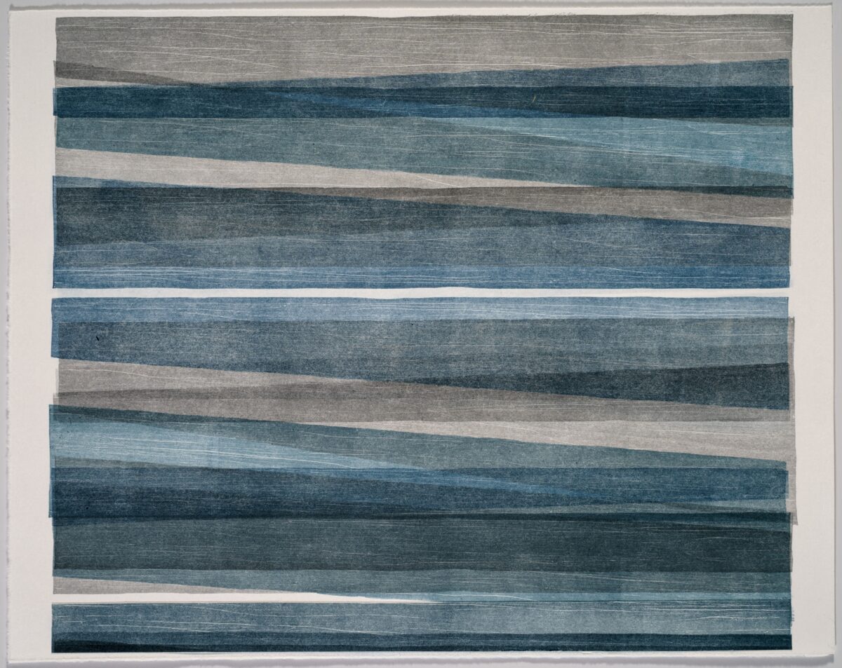 Horizontal bands of varying widths in shades of blue, teal, gray, and cream arranged in an abstract striped composition. The layered appearance and visible texture suggest a collage or print technique with subtle variations in tone and surface finish throughout.