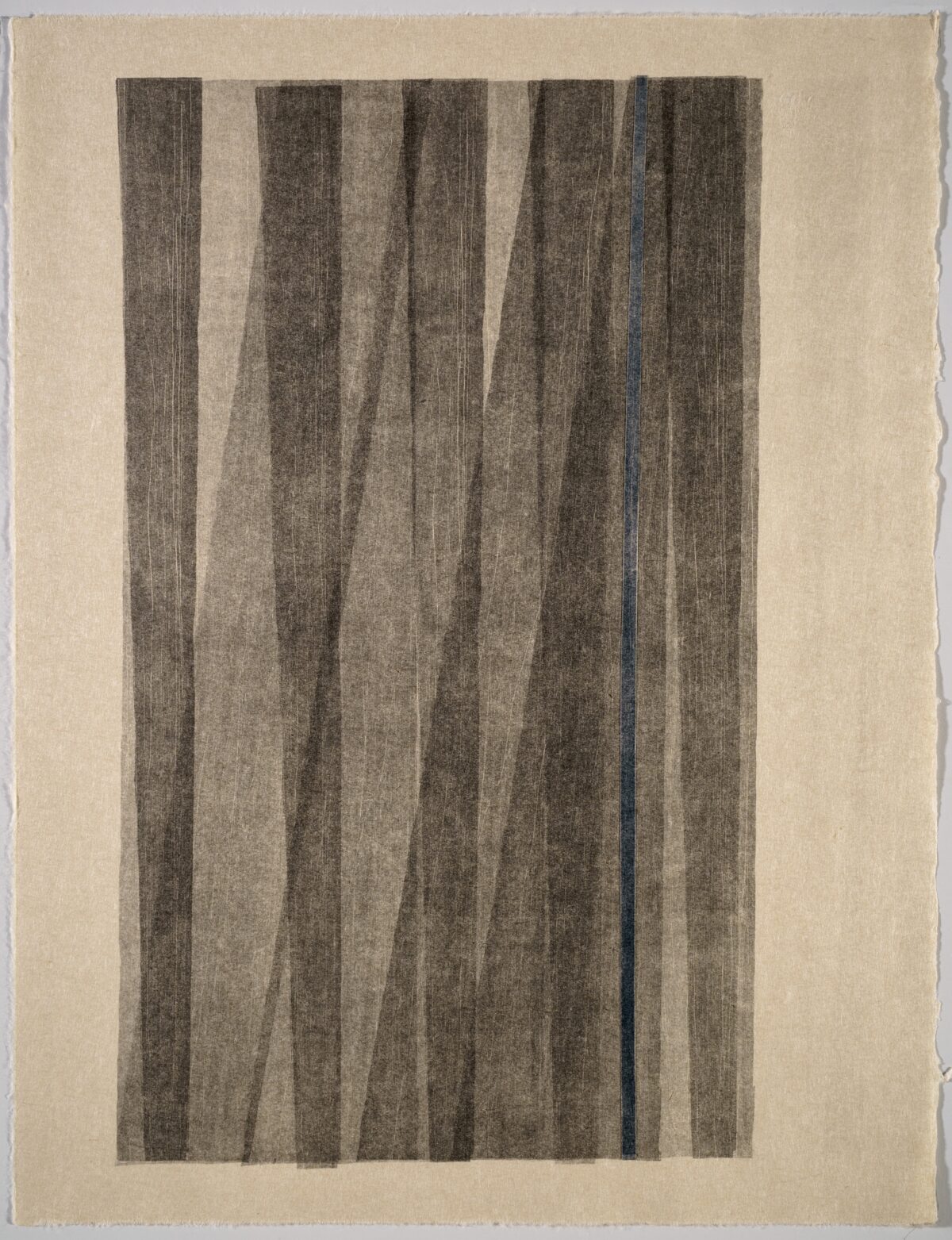Five vertical panels of varying widths, rendered in dark charcoal and gray tones with fine linear marks, are arranged side by side against a cream-colored background. A single blue-gray line runs vertically through the composition, creating subtle visual rhythm across the textured, paper-like surface.