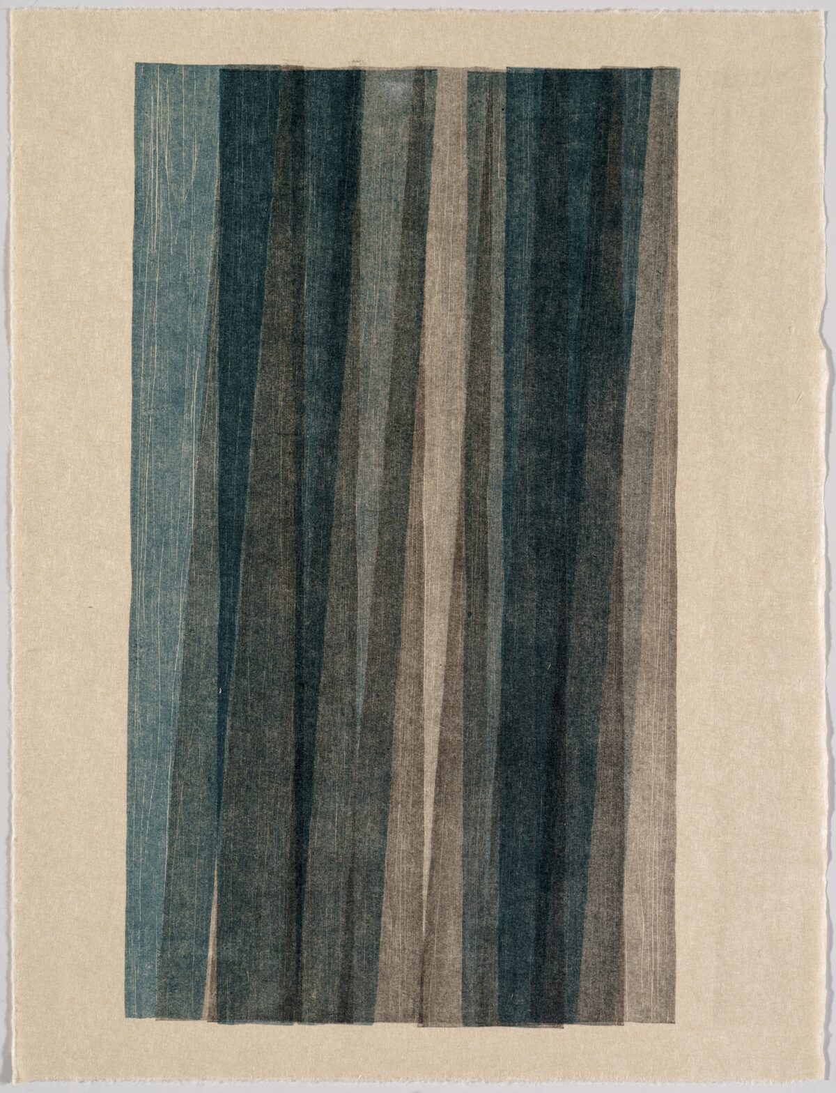 Vertical woodcut monoprint featuring parallel stripes in varying widths, alternating between deep teal, dark charcoal, and warm taupe tones on a cream-colored paper ground. Fine linear texturing throughout creates a subtle sense of movement within each stripe.