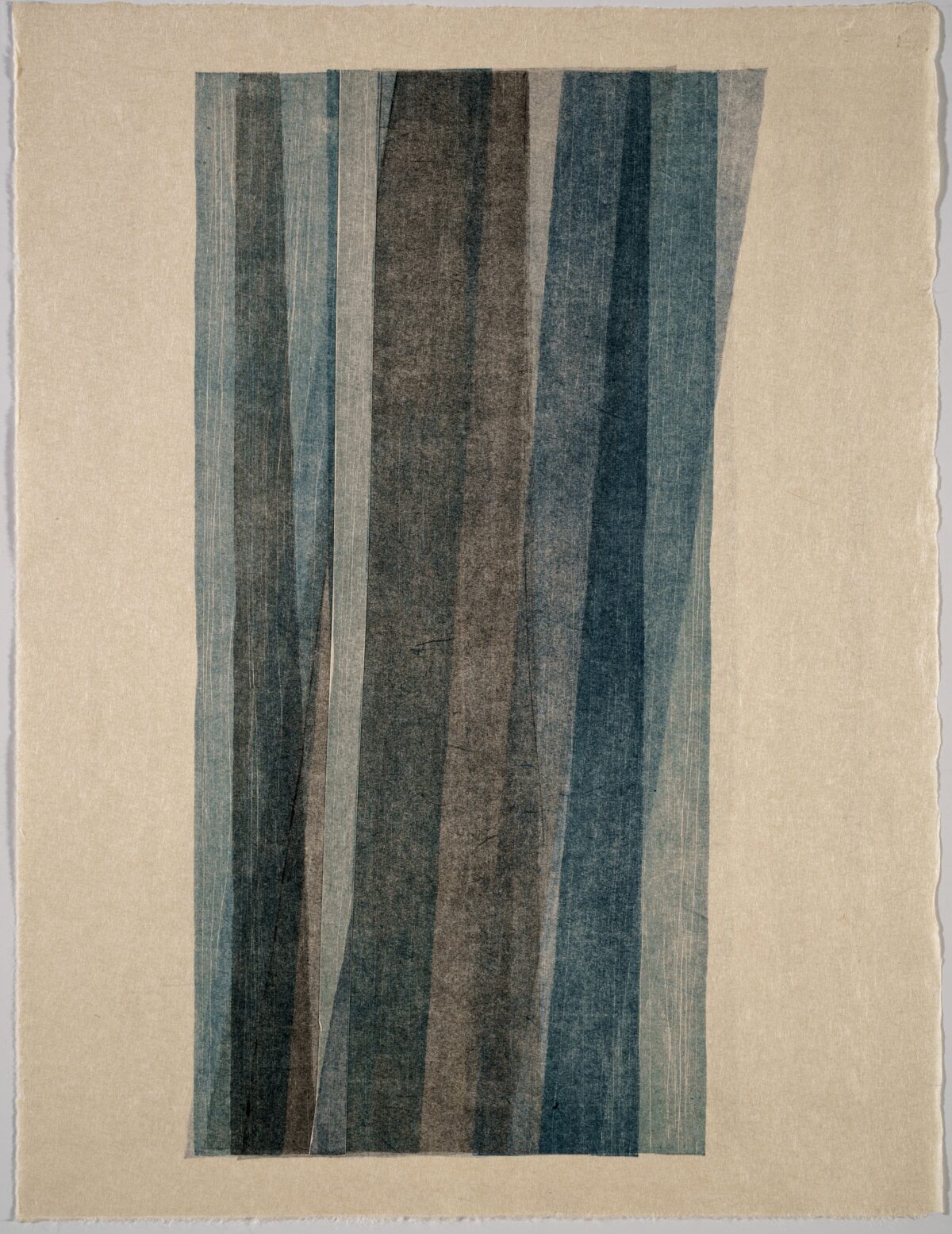 Vertical composition of overlapping vertical stripes in muted tones of blue, gray, brown, and green on a cream-colored background. The stripes vary in width and opacity, creating a subtle rhythm of light and shadow with a textured, handmade quality.