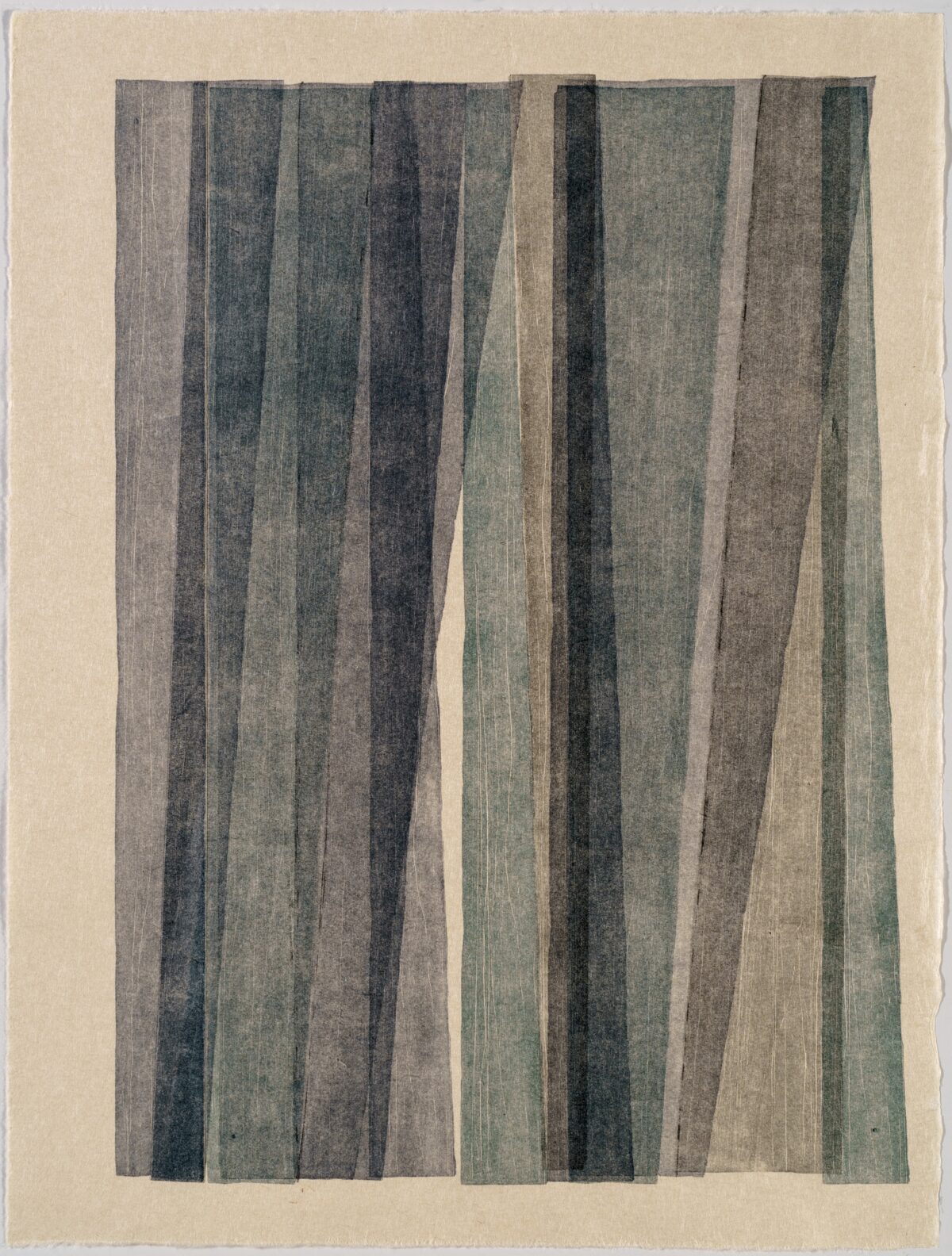 Vertical woodcut monoprint featuring ten parallel stripes in varying widths, rendered in gradations of deep blue, grey, green, and brown tones against a cream-colored paper. The stripes display subtle texture and gentle wavering edges, creating a contemplative, minimalist composition.