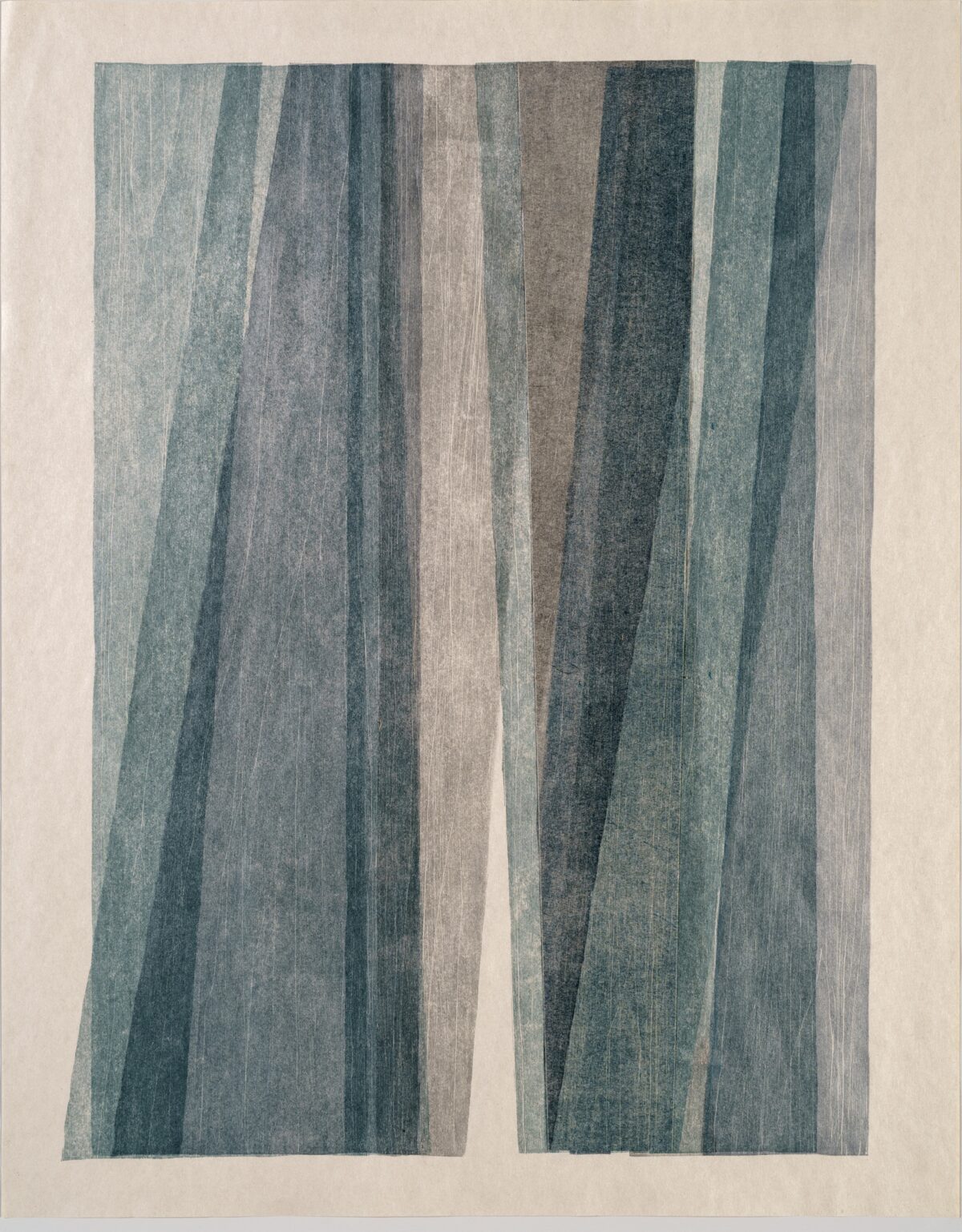 Vertical woodcut monoprint featuring vertical stripes in varying shades of teal, gray, brown, and cream, with subtle texture and overlapping translucent layers that create depth and movement across the composition.